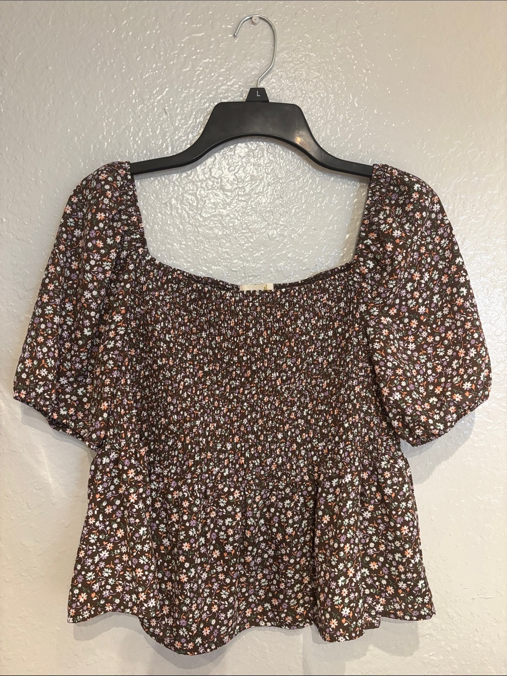Smocked Square-Neck Brown Floral Peplum Sz L Top Casual Hesperus